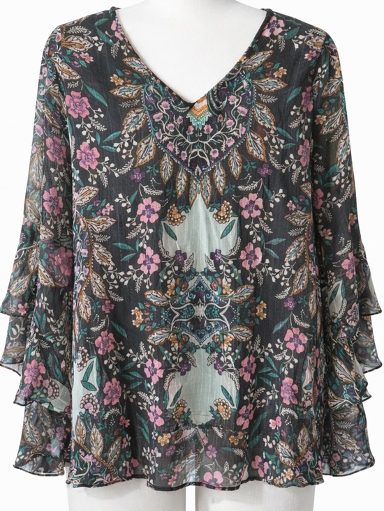 Tops - Floral V-Neck Blouse in Black with Pink Floral Print size XS